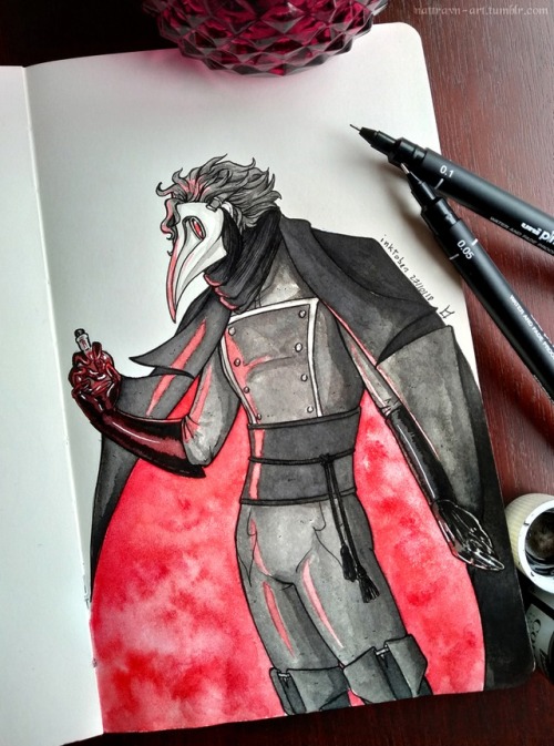 nattravn-art:Inktober day 27: Plague Doctor Devorak, with the mask… and a bonus bottled leech