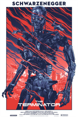 xombiedirge:The Terminator by Grzegorz Domaradzki 24” X 36” 5 color screen prints, numbered regular edition of 325, variant edition of 175 and foil edition of 50. Part one of a diptych set also featuring Terminator 2: JD which will follow in January.