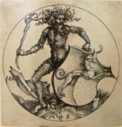 hairymouthfuls:  mrdirtybear:  ‘Wild man with Shield’ by Martin Schongauer, made between 1480-1490.  (The shield features a greyhound.) 