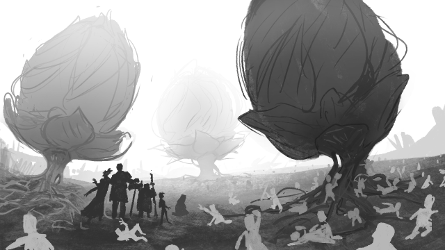 A digital drawing of Sumutnyerl, Azu, Zolf, Cel, and Hamid from RQG, at the center of the Garden of Yerlik. Three huge flowerbuds loom into mist while a crowd of petrified dwarves flee from one.