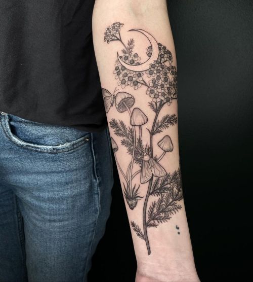 ig: wild.isley.tattoo blackw;flower;leaf;moon;mushroom