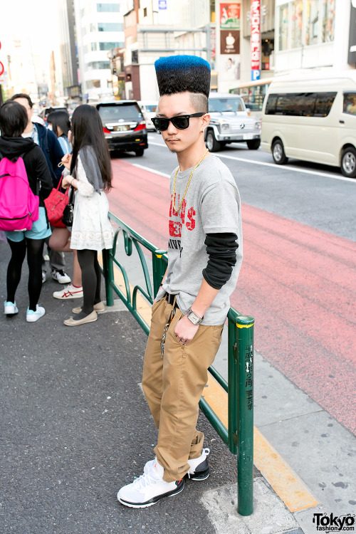 Blue-tipped hi-top fade on the street in Harajuku. Judging by the hair, this guy is likely a fan of 