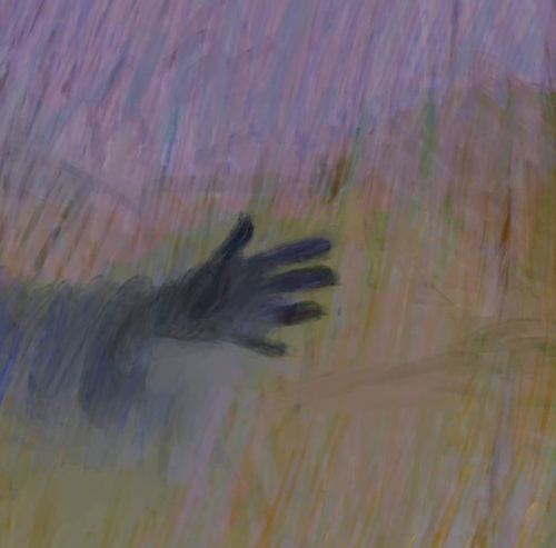 Closeup image of the person's (presumably) glove clad hand surrounded by the whiteness of the figure's body.
