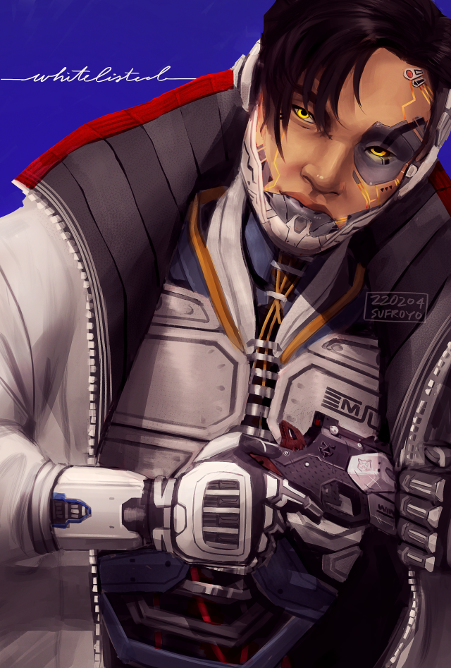 a digital drawing of crypto from apex legends from the waist up in his whitelisted skin. he is facing the front as his eyes look to the side, pulling out a wingman from under his jacket. the background is a solid dark blue with "whitelisted" written in cursive in white.