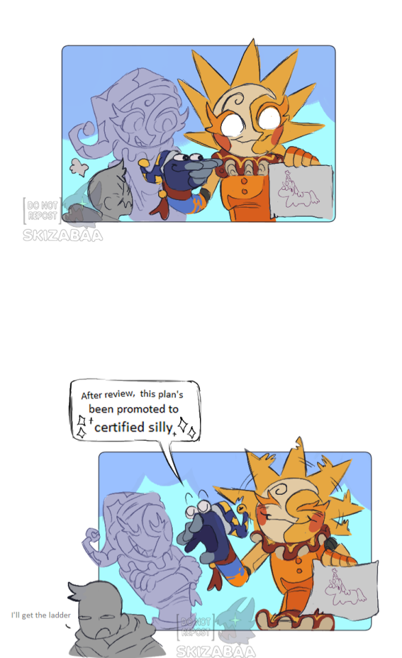 Part four of a four part set of images.
The top panel shows all three (hand puppet of moon included) looking at the piece of paper Sun has been holding up. revealing a sketch of a cartoon horse with a party hat.
The final panel shows the Moon hand puppet open "After review, this plan's been promoted to certified silly." Both Sun and Moon have mischievous expressions, Y/N turns around walking off going "I'll get the ladder"