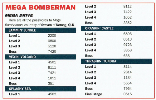  SEGA Megazone #55, Sep 95 - Cheats for ‘Mega Bomberman’ on the Mega Drive. 