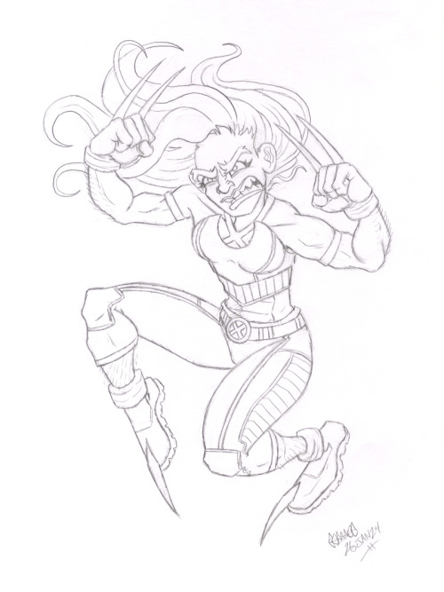 A graphite sketch of the X-Men character Laura Kinney, depicted snarling and leaping with all of her claws extended.
