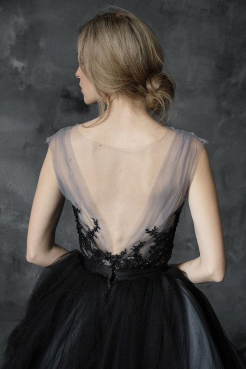 miss-mandy-m:Dark tulle gown with embroidered lace top byMywonyBridal