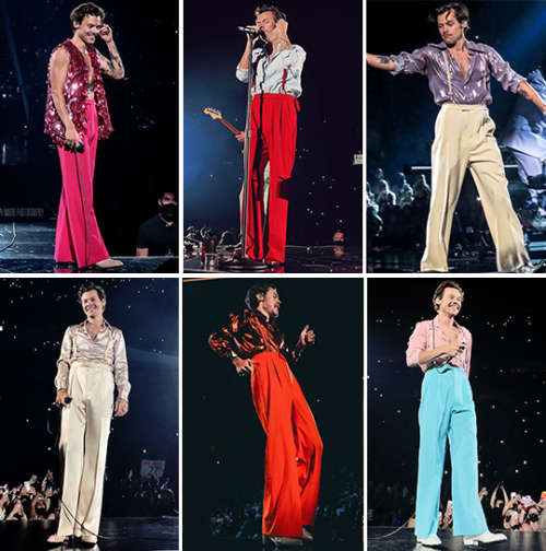 Compilation of the outfits Harry wore on stage during Love On Tour 2021. Links to individual posts a