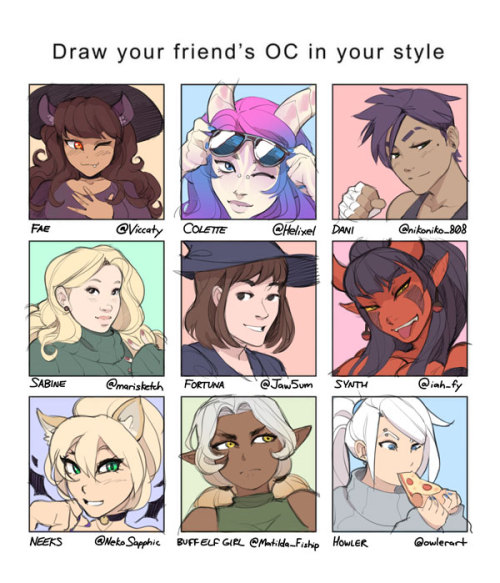 vashito:draw ur friends ocs meme! with @viccatty @marisketch @sapphicneko @helixel @jawsum @fiship @nikoniko808 @iahfy @owlerart