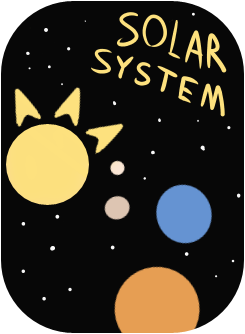 a large badge showing the inner Solar System planets and Sun in flat colors, reading 'Solar System'