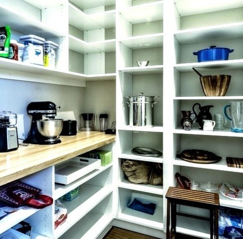 Miami Pantry Idea For A Large, Coastal U-shaped Kitchen Pantry With A Medium-tone Wood Floor, Open Cabinets,