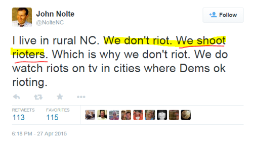 curlyxgoddess:  mediamattersforamerica:    White conservatives say things like, “We don’t riot. We shoot rioters.” Then they complain black people are too violent? You can’t miss the point much more than that.  infuriating   They kill our fathers