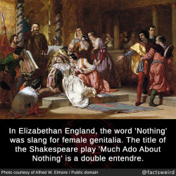 mindblowingfactz:  In Elizabethan England, the word ‘Nothing’ was slang for female genitalia. The title of the Shakespeare play &lsquo;Much Ado About Nothing’ is a double entendre.