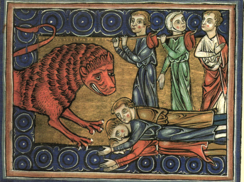 Lion and pilgrims, The Bodleian Library Bestiary, England, c 1225-50