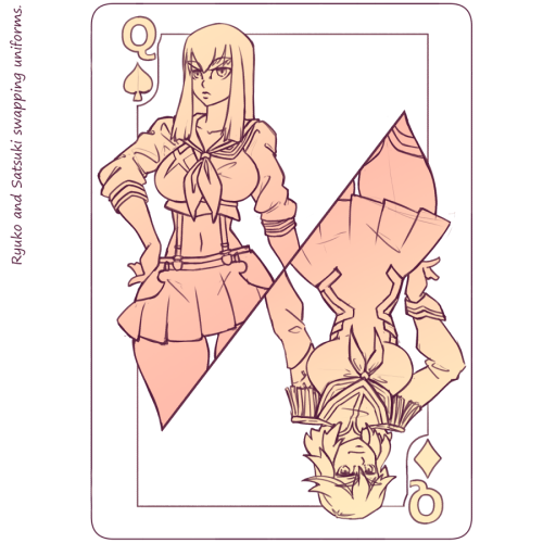 A little sketch, of Ryuko and Satsuki switching uniforms as the 2 sides of the Q card If you fell li