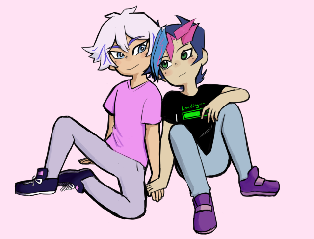 In a chibi style Ryoken and Yusaku are sitting, their bodies inclined towards the other they're holding hands. Ryoken is smiling looking at Yusaku, he's wearing a pink shirt, jeans and tenis. Yusaku is returning the stare with a little smile. he is wearing a black shirt that reads : Loading... , some jeans and tenis. 