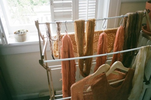 A film photo from the Summer of 2016 in my last apartment in Richmond of some naturally dyed yarn an