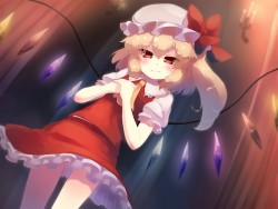 東方、フランドール・スカーレット、gengetsu chihiro、高解像度、４：３アスペクト比、❤、ボー、シャツ、ベスト、スカート、モブキャップ、アスコットタイ、スカートセット、ダッチアングル、ショートスリーブ、サイドポニーテール、hands