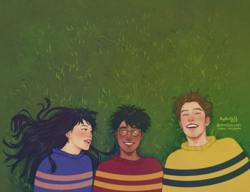upthehillart:  Cho, Harry, and Cedric after playing some Quidditch, lying on the pitch and joking ar