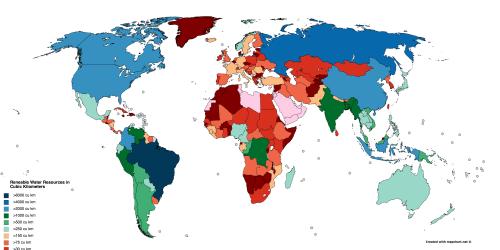 mapsontheweb:Renewable water resources in cubic kilometers by country.