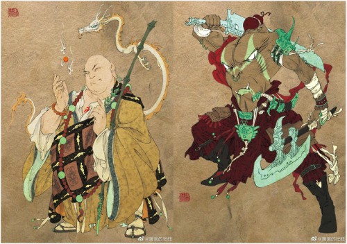 Illustrations of traditional Chinese ghosts and gods in Zhongyuan Festival by画画的张旺.  The last one is