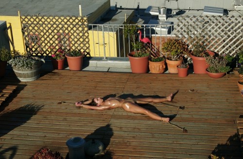 alexinnc:  More deck bondage.  This is perfect, the long shadows in the picture indicate that she has been out there all day which is probably why she is all oiled up and shiny.  The other possibility is that she was left out there all night and the