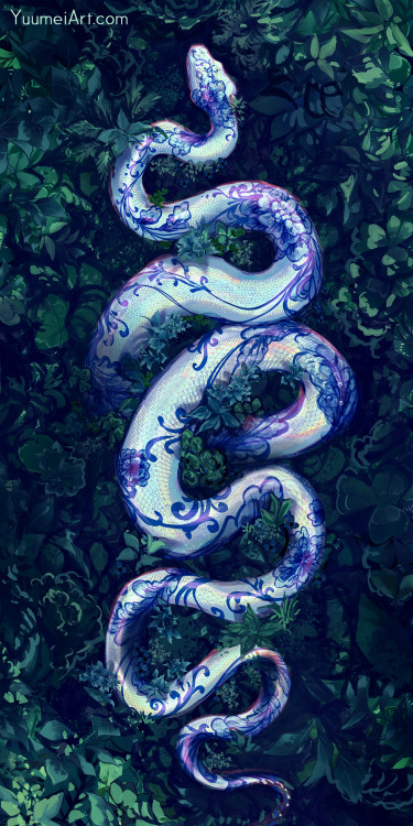 yuumei-art: I had a sudden urge to paint Chinese porcelain snakes with plants. Not exactly holiday t