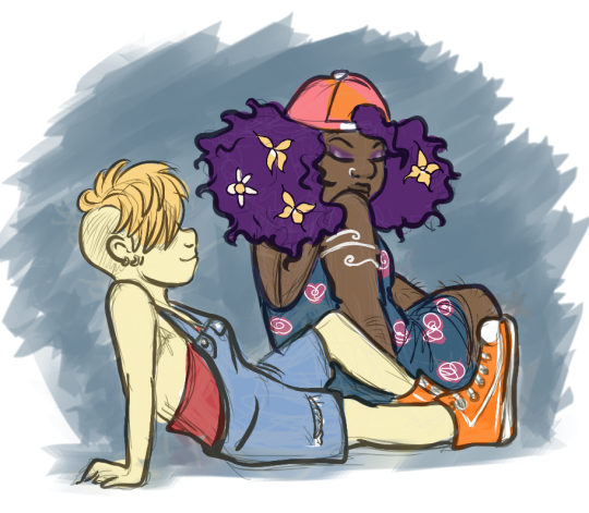 dykelapis:  deermatriarch:  deermatriarch:  the sun is a butch lesbian in a snapback who makes cut off overalls with chucks look good  the moon is a femme lesbian who wears flowers in her hair, lots of jingly jewelry, and floral patterns and doesn’t