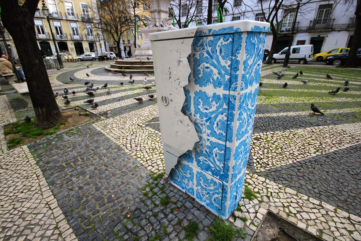 itscolossal:Ceramic Tile Illusion Painted on a Boring Electrical Box in Lisbon