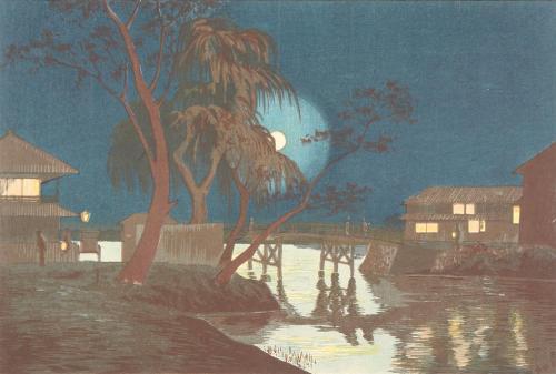 Moonlight on the Tea Houses at Imado Bridge by Kobayashi Kiyochika (1880)