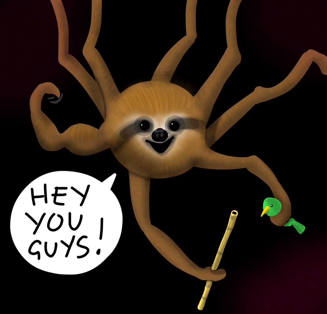 OctoslothOctosloth just wants to be your friend. He will try precisely eight times before instantly falling into a 12-week coma. On waking he may dream you are already friends and call you persistently from his mobile bamboo chat-stick. He is alerted to calls via his ‘ring-ring’ bird, Peter, who pecks his cheek every time someone gets in contact. Peter also acts as Octosloth’s confidante, personal shopper and antiques dealer, as it’s widely known Octosloth’s have a thing for 15th Century hope chests and mahogany sideboards. Octosloth’s smell JUST LIKE Sundays.