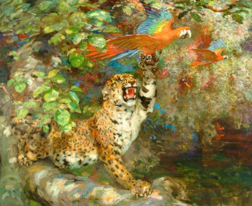 art-and-things-of-beauty:William Walls (1860-1942) - “Just Missed”, a Jaguar and Macaws on the bank 