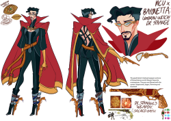 pastelnuva: bayonetta au: umbran witch!dr strange  self-indulgence comes in the form of au world-building and stephen getting a boob window and moving like bayonetta, his pact demon is the ancient one and I plan on showing off concept sheets for loki,