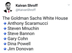 truth-has-a-liberal-bias: liberalsarecool:  Trump slammed Hillary for Goldman speech. Trumpsters ate it up.  Trump fills his White House with Goldman, does not drain swamp. Trumpsters silent.  Always remember that we have one set of rules for Democrats