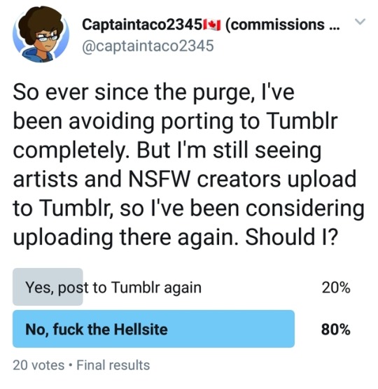 Well, there you have it. Fuck the Hellsite. This will be my last Tumblr post. All my blogs will stay up, but I’m not posting to them again. If you wanna keep following me, I’ll be on Twitter. Outcasters will also be uploaded to Twitter and