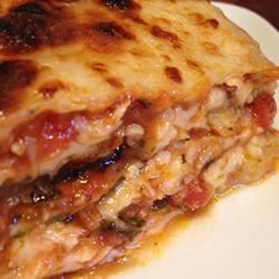 This eggplant lasagna replaces noodle layers with eggplant slices breaded with matzo meal. It has a 