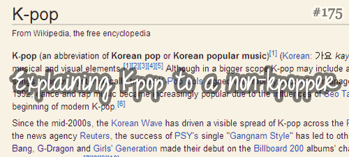 k-problems:
“#175. Explaining Kpop to a non-kpopper, submitted by luvforkpop”
THIS