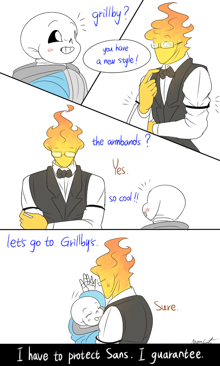 mooncatyao:  [Armbands] Grillby &amp; little SansThe reason why Grillby starts