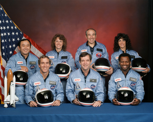 sagansense:  Official NASA portraits of the crew of the Space Shuttle Challenger during the STS-51L mission that ended in tragedy on January 28, 1986. In the group photo, left to right, front row: astronauts Michael J. Smith, Francis R. (Dick) Scobee