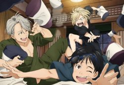 felicitatem:  randomsplashes:  YURIO’S SHOWING YUURI AND VICTOR HOW A REAL PILLOW FIGHT IS DONE LMAO I LOVE THIS FAMILY (OFFICIAL YOI CAFE ART)   👌   👌    After Victor and Yuuri teased him about Otabek  That above picture is totally just a short