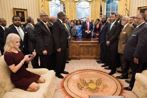 leftists: theweirdwideweb:  Kellyanne Conway relaxes on the couch in the Oval Office as President Trump poses for a group photo with leaders of historically black universities and college. (Photo: BRENDAN SMIALOWSKI/AFP/Getty Images)  This is hilarious…