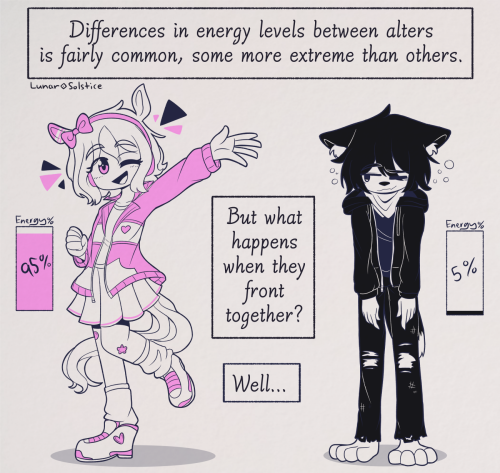 Summer and Apollo are on screen. "Differences in energy levels between alters is fairly common, some more extreme than others," For example, Summer has 95% energy, while Apollo has 5% energy. "But what happens when they front together? Well…"