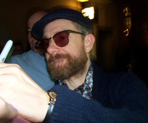 free-martinis:Martin Freeman, stage door after “Richard III”; September 26, 2014. (Trafalgar Transfo