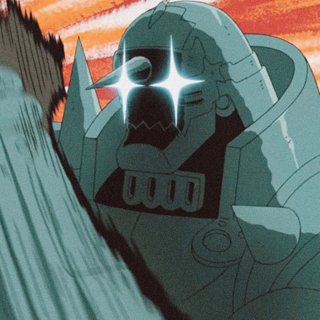 An icon of al from fullmetal alchemist. he is drawn comedically as he throws an uppercut. his eyes are shining lights as he angrily throws a punch.