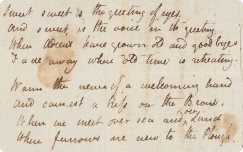 bookshavepores: John Keats’ handwritten poem “Sweet, sweet is the greeting of eyes” written at Keswick on 28 June 1818 in a letter to George and Georgiana Keats. The poem reads: Sweet, sweet is the greeting of eyesAnd sweet is the voice in its greeting.Wh