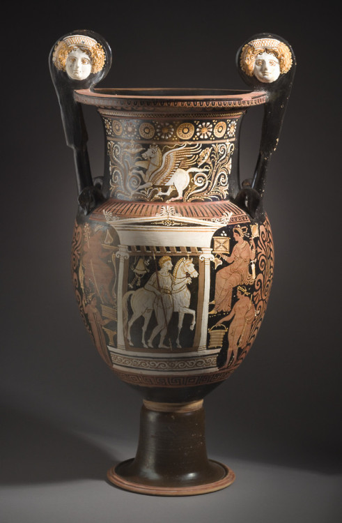 theancientwayoflife:~ Volute-Krater with Pegasus at Top, and a Man in a Shrine with Horse.Attributed