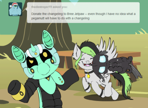 ask-omegacoder:  Guest starring Bree Jetpaw Thanks for all the responses — even you Rye!  ….Bree uses changelings as chewtoys. Headcannon adopted! X3