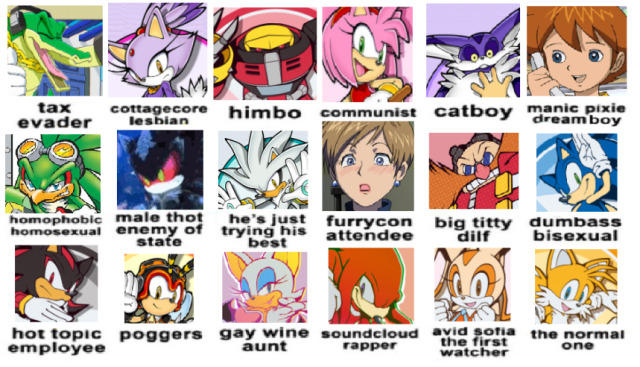 i know nothing abt the lore #posting this here cause otherwise itll get lost on my main lol #sonic #sonic the hedgehog  #ugh god i have to tag SO many charactesr. im gonna be basic cause im scared but. ok here goes  #blaze the cat  #vector the crocodile  #e 123 omega #amy rose #big the cat #chris thorndyke #jet the hawk  #mephiles the dark  #silver the hedgehog #topaz sonic#eggman #shadow the hedgehog #charmy bee #rouge the bat  #knuckles the echidna  #cream the rabbit  #tails the fox