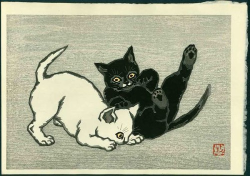 wonderlartcafe:名取春仙 Natori Shunsen ( 1886 – 1960 ),Two cats playing